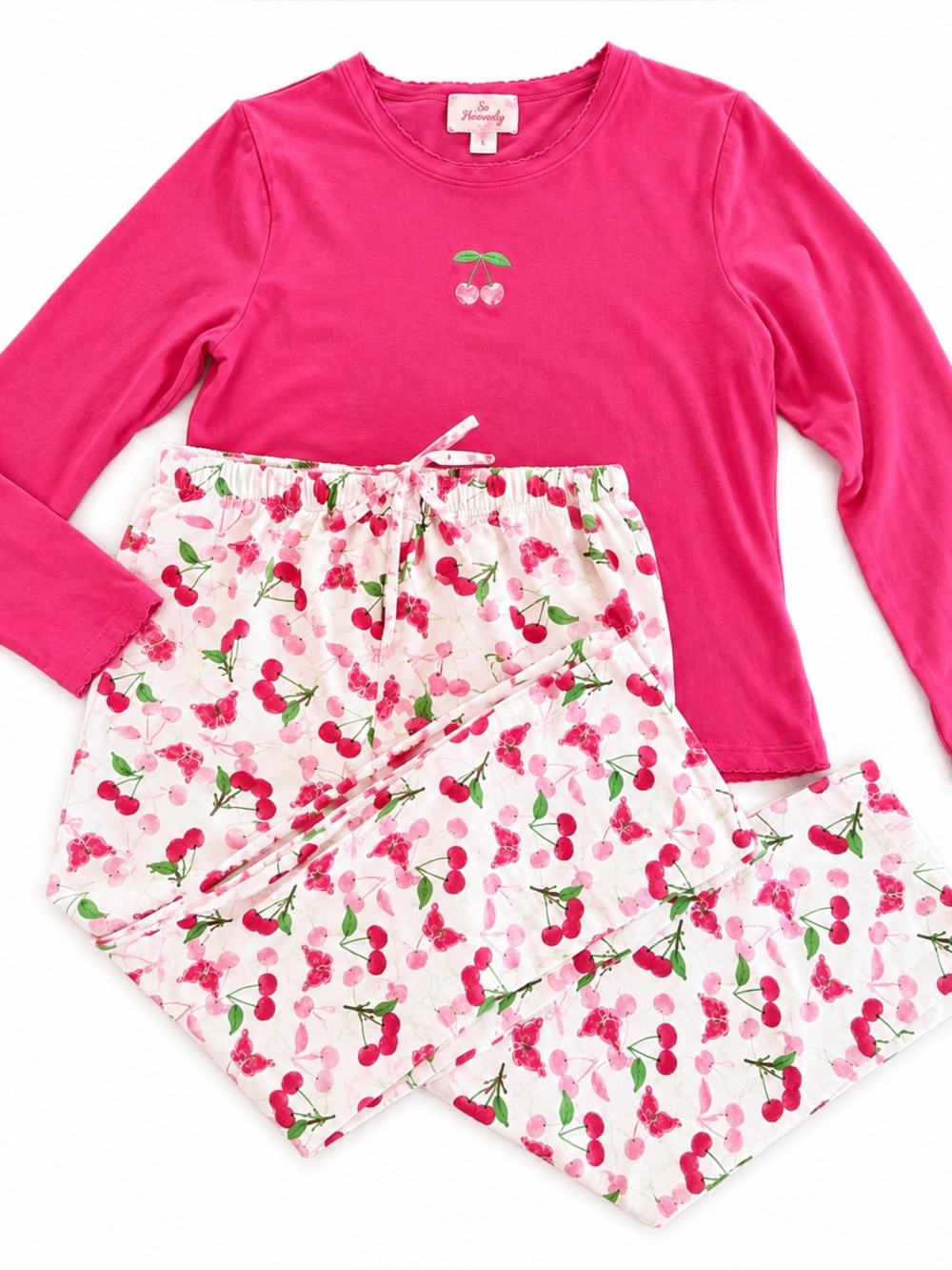 So Heavenly Cherry Pickin Pajama Set Pink White 100% Cotton Size Large 🍒